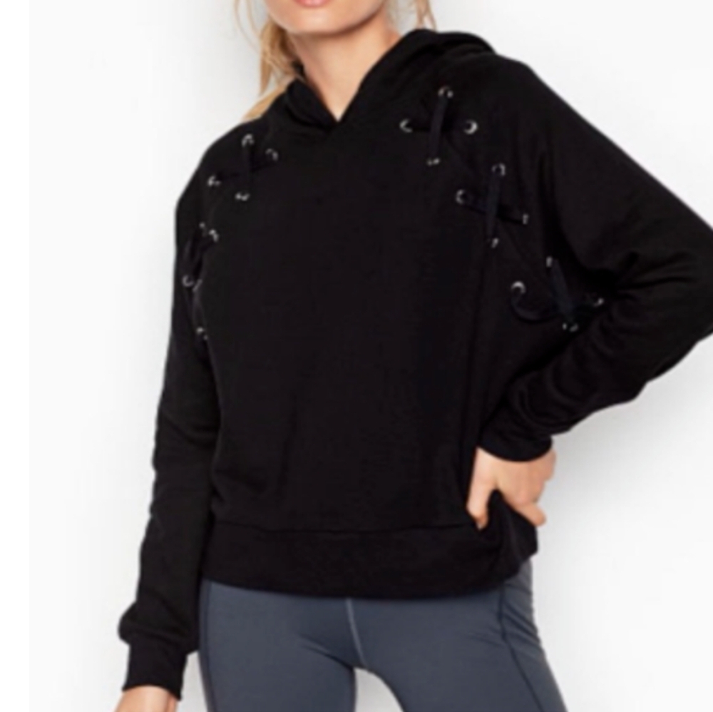 Victoria's Secret Black Oversized Lace Up Hoodie Sweatshirt Top